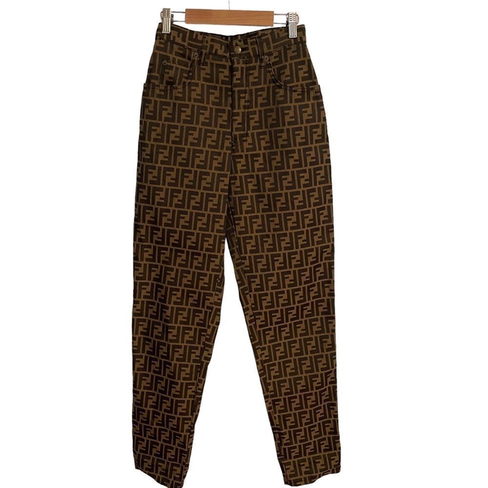 Vintage FENDI Zucca Pattern Canvas Trousers Brown Black Size 29